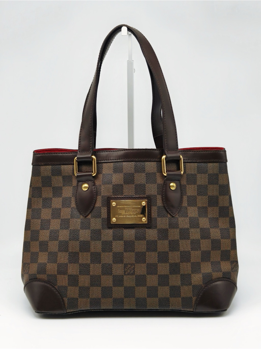 Louis Vuitton Brown Checkered Canvas Tote With Dark Brown Trim And Red Interior
